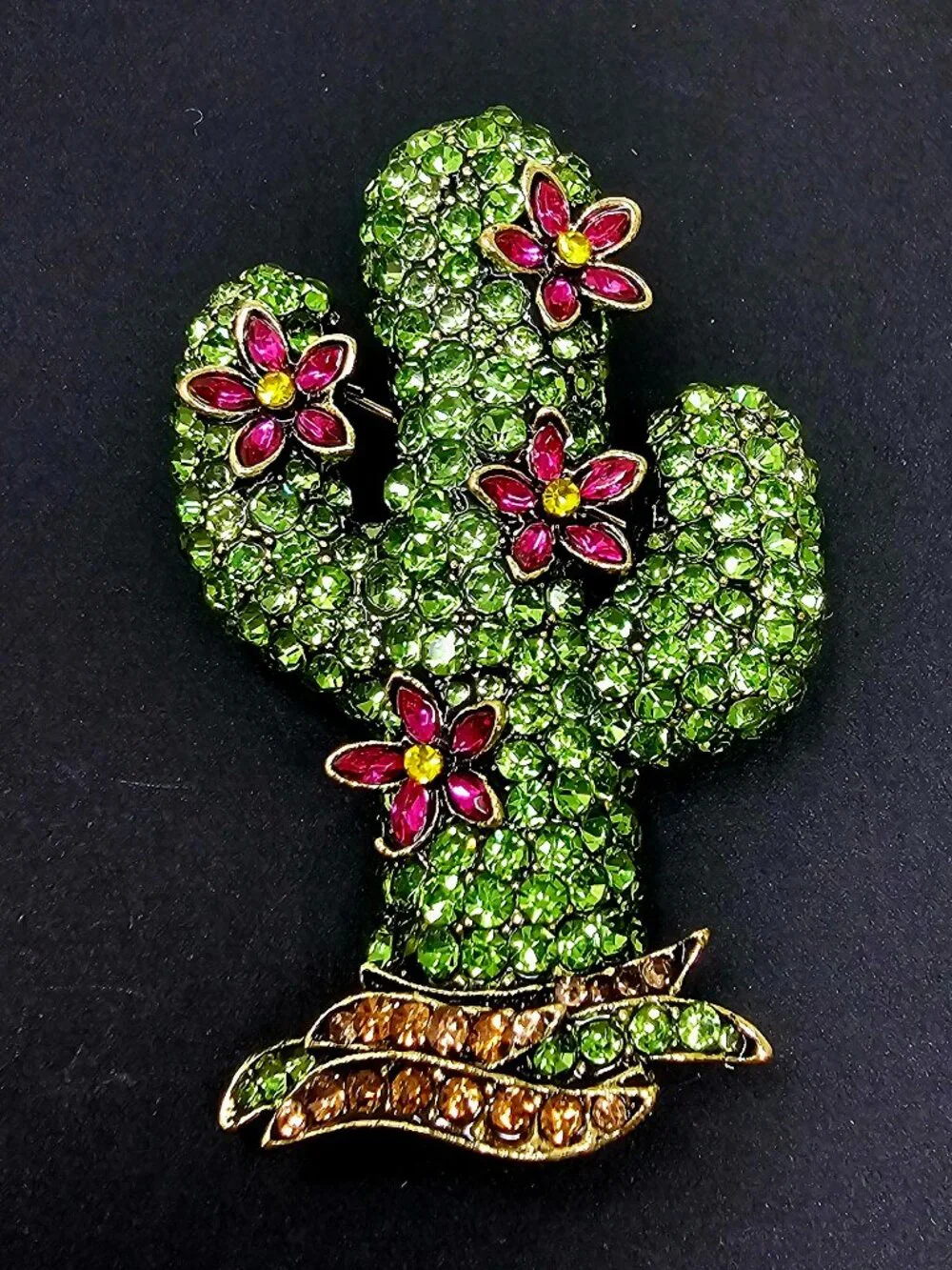 Sparkling Green Cactus & Pink Flower Rhinestone Brooch Pin Gold Toned